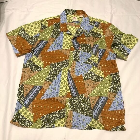 Levis Sz L Button Shirt Mens Patchwork Boho retro Paisley Collar SS - Picture 1 of 11